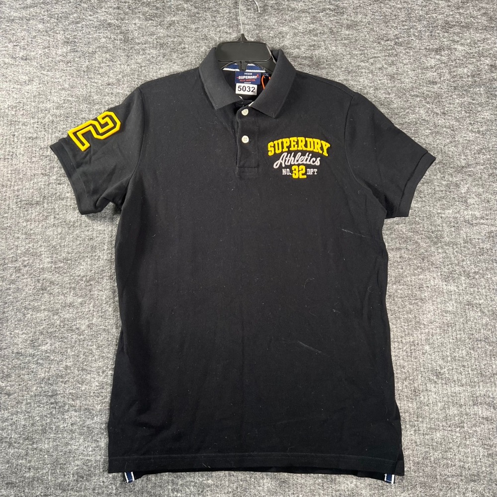 Superdry Athletics No 32 DPT Mens Polo Shirt Black Organic Cotton Medium